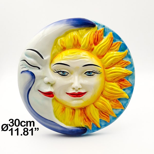 Eclipse Sun and Moon Relief on Round Shape ornamental to hang Ø 30 cm / 12 ". Entirely Hand Painted ceramic. 100% MADE IN ITALY.