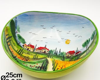 Bolo Salatschüssel – Typisch italienische Schüssel mit toskanischer Hügellandschaft, 25 cm. Künstlerisch gefertigte und handbemalte Keramik. 100 % hergestellt in Italien.