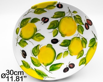 Centerpiece Serving Bowl - Salad Bowl painted Lemons with Olives 30cm / 12" & 25cm / 10". Entirely Hand Painted Ceramic. 100% MADE IN ITALY.