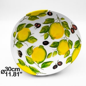 Centerpiece Serving Bowl - Salad Bowl painted Lemons with Olives 30cm / 12" & 25cm / 10". Entirely Hand Painted Ceramic. 100% MADE IN ITALY.