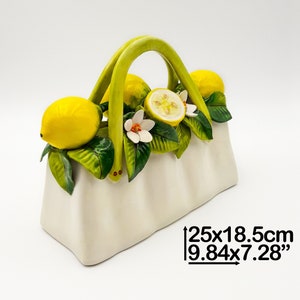 Handbag with Lemons and Flowers Centerpiece - Ornament 25 x 20 cm / 10 x 8 &quot;. Entirely created and Hand Painted ceramic. 100% MADE IN ITALY.