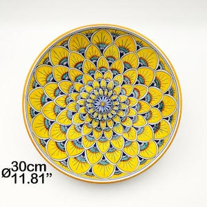 Centerpiece Serving Bowl - Salad Bowl painted Geometric Yellow Deluxe Peacock Tail. Deruta artistic ceramic Hand Painted. 100% MADE IN ITALY