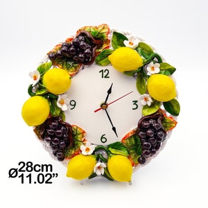 Wall Clock with Lemons, Flowers and Grapes on Round shape Ø 30 cm / 12 ". Entirely created and Hand Painted Ceramic. 100% MADE IN ITALY.