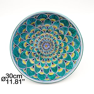 Centerpiece Serving Bowl - Salad Bowl painted Geometric Green Deluxe Peacock Tail. Deruta artistic ceramic Hand Painted. 100% MADE IN ITALY.