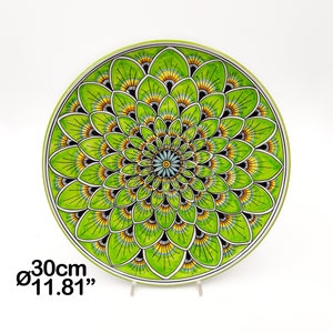 Wall plate painted Geometric Green Deluxe Peacock Tail 30 cm / 12 &quot; & 25 cm / 10 &quot;. Deruta artistic Ceramic Hand Painted. 100% MADE IN ITALY
