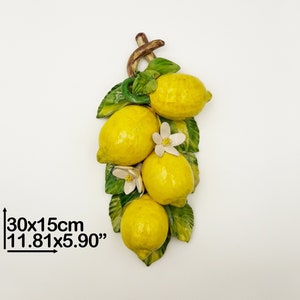 Four Lemon Branch with Flowers to hang or free-standing H 30 cm / 12 &quot;. Entirely created and Hand Painted Ceramic. 100% MADE IN ITALY