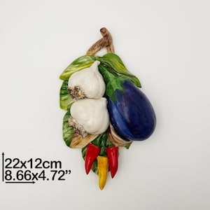 Garlic & Aubergine Vegetable Branch to hang or free-standing H 22 cm / 10 &quot;. Entirely created and Hand Painted ceramic. 100% MADE IN ITALY