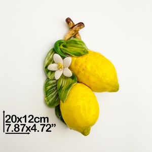 Branch with Two Lemons and Flower to hang or free-standing H 20 cm / 8 &quot;. Entirely created and Hand Painted ceramic. 100% MADE IN ITALY
