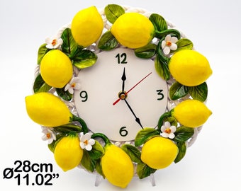 Wall Clock with Lemons and Flowers on Round shape Ø 30 cm / 12" & 35 cm / 14". Entirely created and Hand Painted Ceramic. 100% MADE IN ITALY