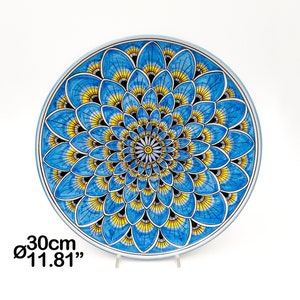 Wall plate Geometric Azure / Light Blue Deluxe Peacock Tail 30cm / 12&quot; & 25cm / 10&quot;. Deruta artistic ceramic Hand Painted 100% MADE IN ITALY
