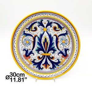 Wall plate decorated in Ricco classic Deruta in Yellow border 30cm / 12&quot;. Deruta artistic ceramic. Hand Painted. 100% MADE IN ITALY.