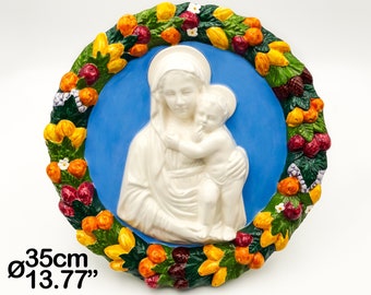 Madonna mit Kind Robbiana Della Robbia Stil auf Tondo H 35 cm / 14". Künstlerische Keramik aus Deruta handbemalt. HERGESTELLT IN ITALIEN.