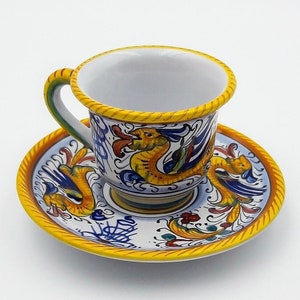 Bell-shaped Espresso Coffee Cup with matching Saucer decorated in Raffaellesco. Deruta artistic ceramic Hand Painted MADE IN ITALY