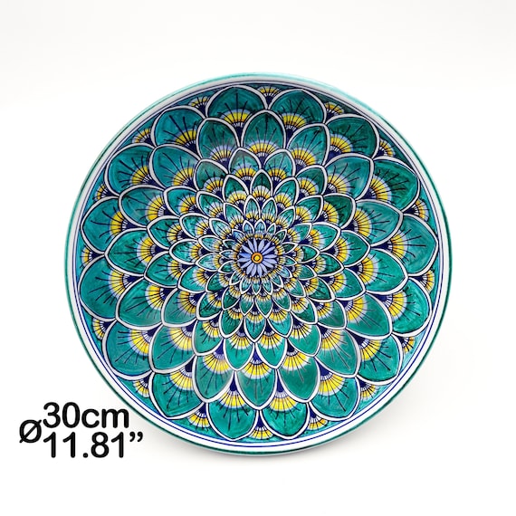 Insalatiera Bolo - Ciotola Centrotavola in Geometrico Verde code di Pavone. Ceramica artistica di Deruta dipinta a mano. 100% MADE IN ITALY.