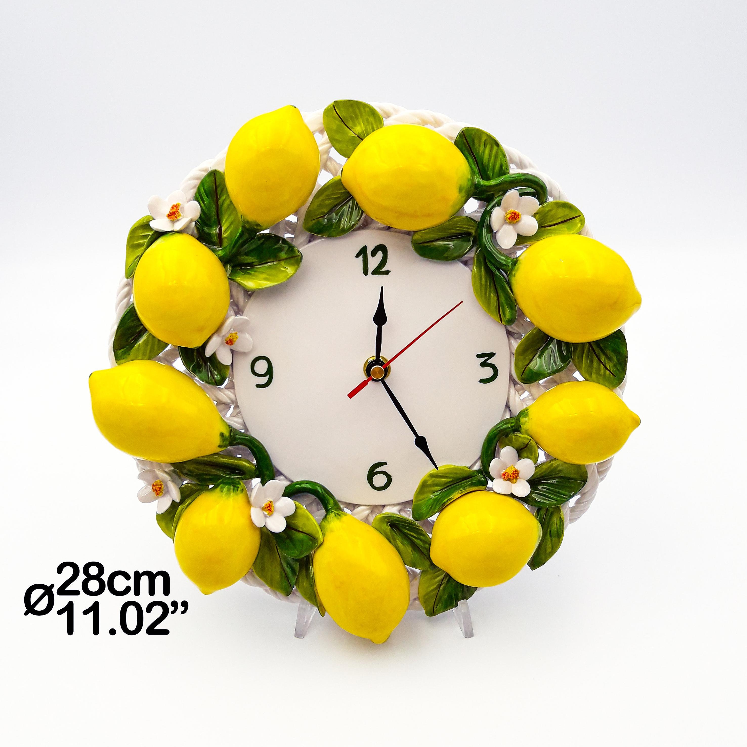 Wall Clock With Lemons and Flowers on Round Shape Ø 30 Cm / 12