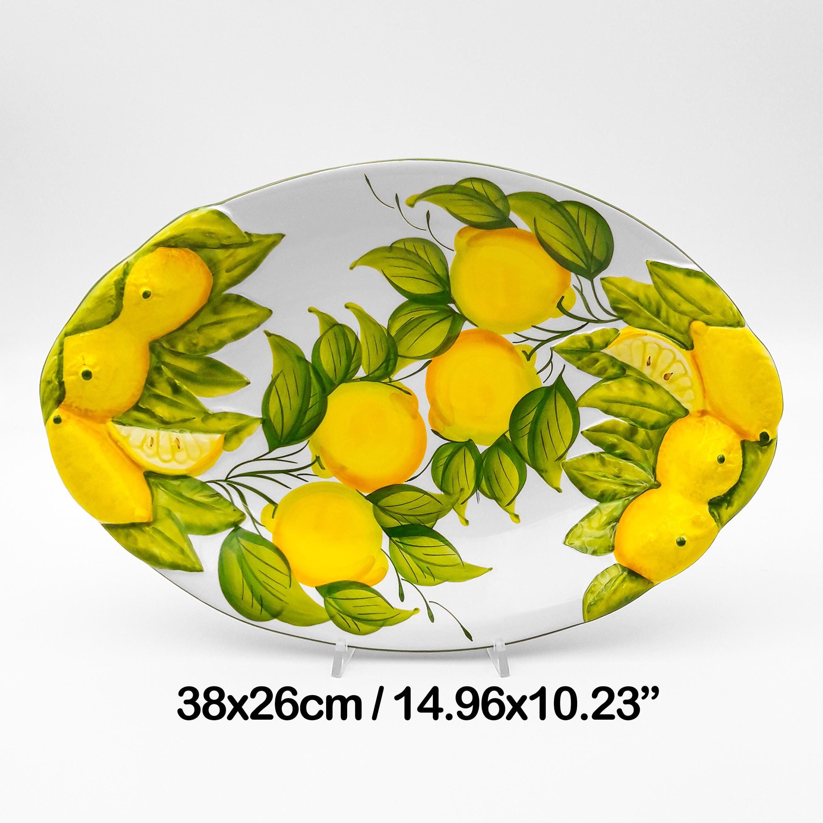 Deep Oval Tray - Fruit Bowl with Lemons in relief painted Lemons 38 cm / 15 ". Artistic ceramic completely hand painted. 100% MADE IN ITALY.