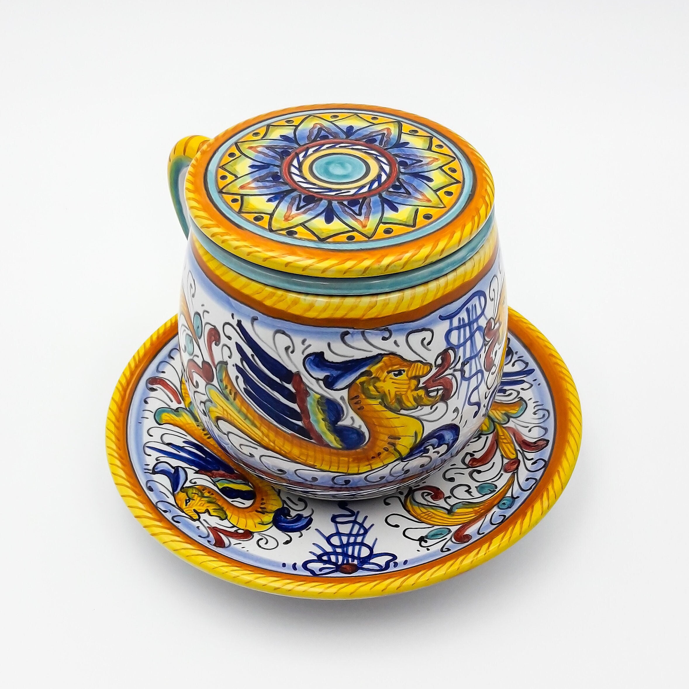 Tisaniera / Infusiera con Tazza da tè, coperchio e piatto abbinato in  Raffaellesco Ceramica artistica di Deruta dipinta a mano MADE IN ITALY -   Italia