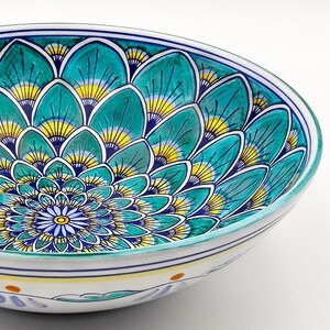 May include: A large, white ceramic bowl with a blue, green, and yellow geometric pattern. The pattern features a repeating design of overlapping, fan-shaped elements.
