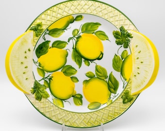 Bandeja de centro de mesa - Frutero con asas de rodajas de limón, decoración de limón, 40 cm / 16". Cerámica artística creada y pintada a mano, 100% HECHO EN ITALIA.