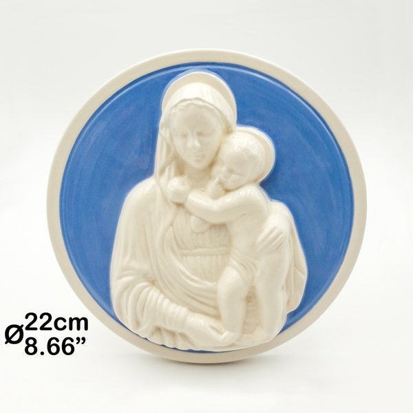 Madonna with Child Robbiana in Della Robbia style on Round niche H 22cm / 9". Deruta artistic ceramic Hand Painted. MADE IN ITALY