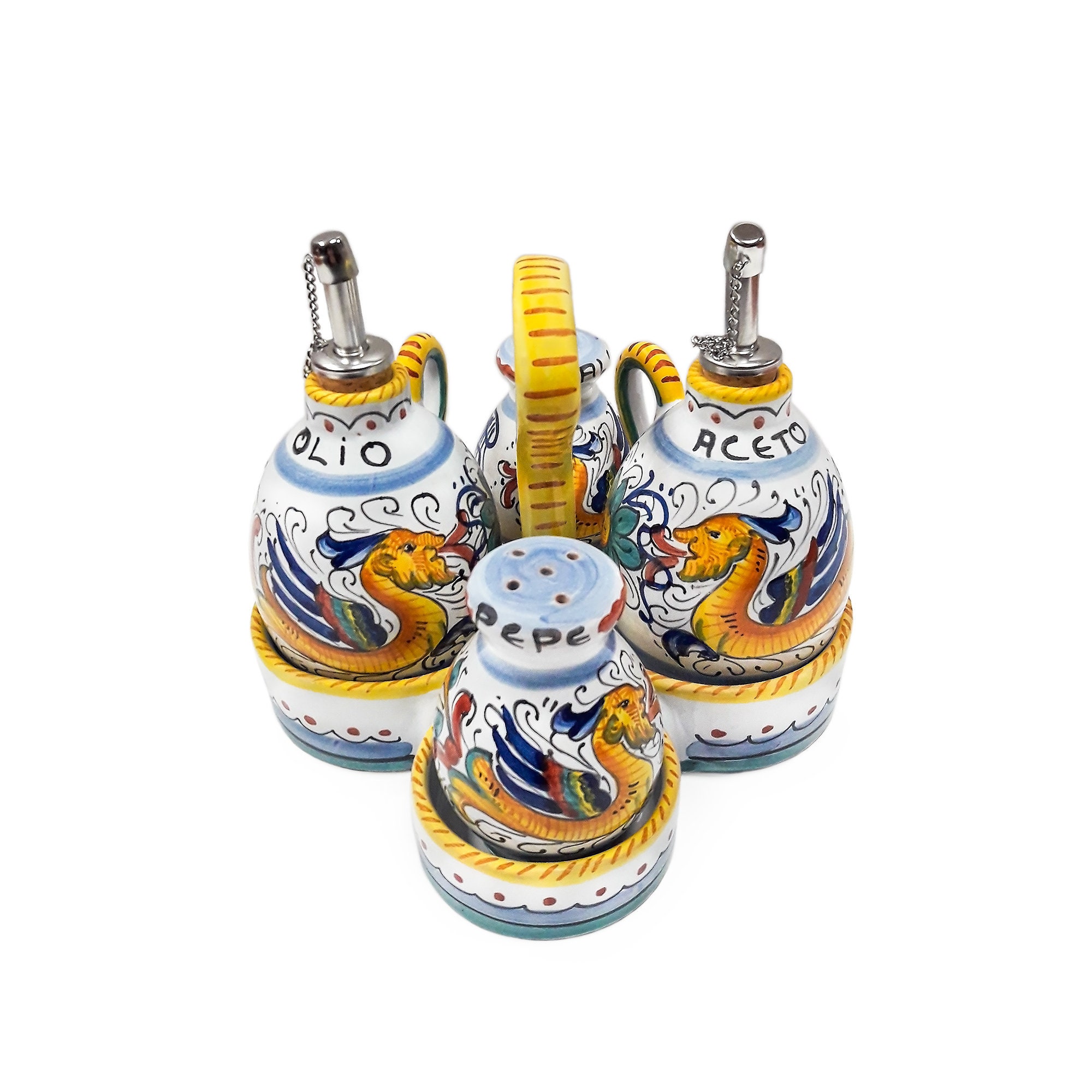 Oil Vinegar Salt & Pepper Set with steel pourer decorated in Etsy