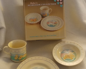 Vintage 1984 Hallmark Baby's Heirloom Collection 3 Piece Set - Cup, Plate, & Bowl - Complete In Original Box - FREE Shipping