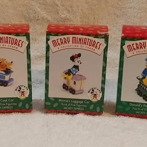 5 Piece Vintage 1998 Merry Miniatures Mickey Express Ornaments From Disney / Hallmark - Complete & In Original Boxes - FREE Shipping