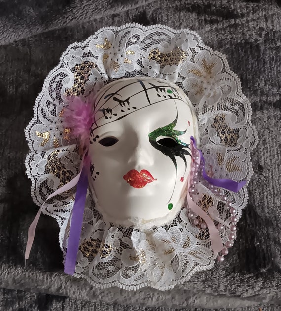 Vintage 4.25 X 3 Porcelain Painted Clown Jester Harlequin Face Decorative  Mask With Lace Border Gently Previously Loved FREE Shipping 