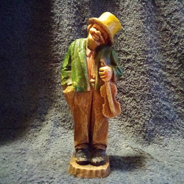 Vintage Mid-Century Hand Painted Chalkware Wood Composite Clown With A Violin 6.5" Figurine - Unbranded - Previously Loved - FREE Shipping