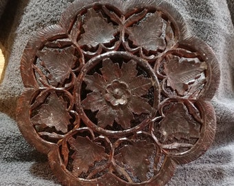 Vintage Ornate Floral & Leaves Carved Wooden 9.25" Trivet - Marked "India" - Retro And Kitschy - Gently Previously Loved - FREE Shipping