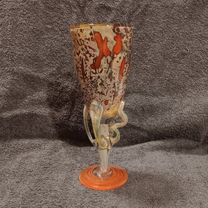 Handmade Murano Style Orange & Tan Colored Glass 9&quot; Goblet - Artist Signed &quot;NL&quot; - VERY Gently Previously Loved - FREE Shipping