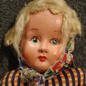 Vintage Handmade 10.25&quot; Rag Doll From Poland - With A Hand Painted Composition Face & Fabric Body - Gently Previously Loved - FREE Shipping