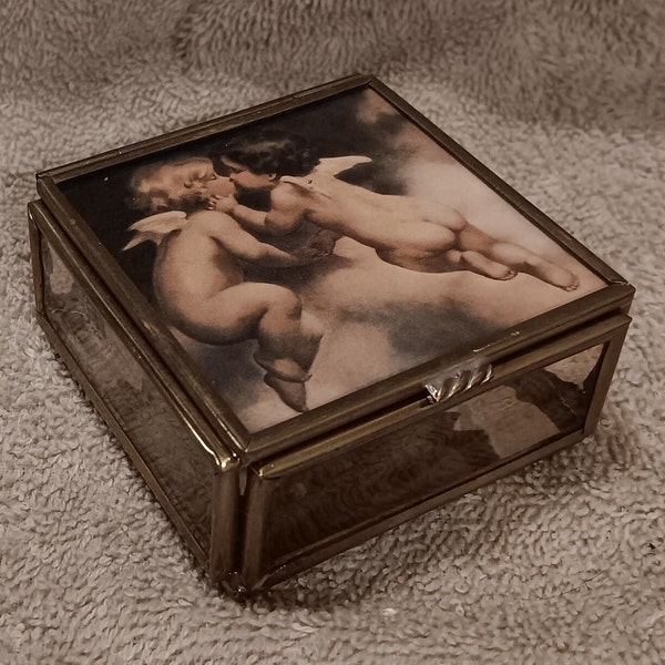 Vtg. 1992 "Kissing Cherubs" Stained Glass Trinket Box - Via Vermont/Bellini Corp. - Made In Mexico - Gently Previously Loved - FERE Shipping