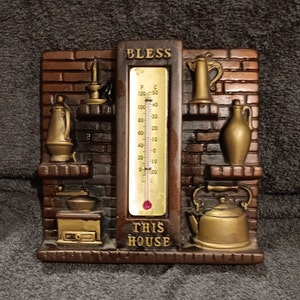 Vintage 1975 Chalkware Brown & Gold &quot;Bless This House&quot; Kitchen Scene Thermometer From Miller Studio Inc. - Previously Loved - FREE Shipping