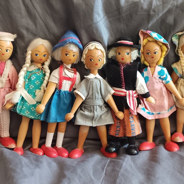 Choice Of Vintage 7.5" Wooden Polish Folk Art Peg Doll With Hand Painted Faces - Made In Poland - Gently Previously Loved - FREE Shipping