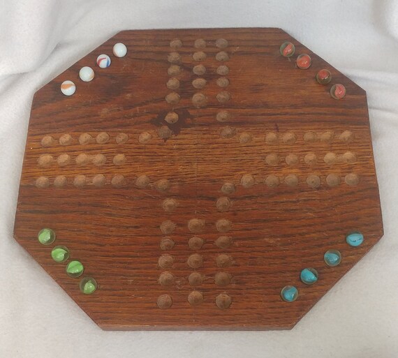Vintage Hand Carved Wooden Aggravation Marble Game Board With