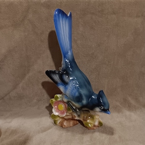 Vintage Mid-Century Ceramic 9&quot; Bright Blue Jay Figurine From Enesco - VERY Retro & Kitschy - Gently Previously Loved - FREE Shipping