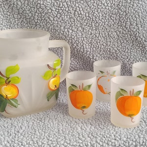 Vintage 1950's Gay Fad Hazel Atlas Hand Painted Frosted Glass Juice Pitcher & Matching 4 Juice Glasses - Previously Loved - FREE Shipping