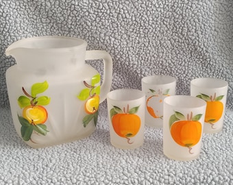 Vintage 1950's Gay Fad Hazel Atlas Hand Painted Frosted Glass Juice Pitcher & Matching 4 Juice Glasses - Previously Loved - FREE Shipping