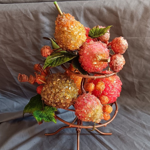 Vintage Sugared Beaded Fruit On Metal Stand Decorative Table Centerpiece - This Is VERY Retro & Kitschy - Previously Loved - FERE Shipping