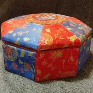 Beautiful Vintage 8.5" x 8.5" Fabric Octagon Floral Sewing Box W/ Attached Lid - Possible Hobbyist Piece - Previously Loved - FREE Shipping