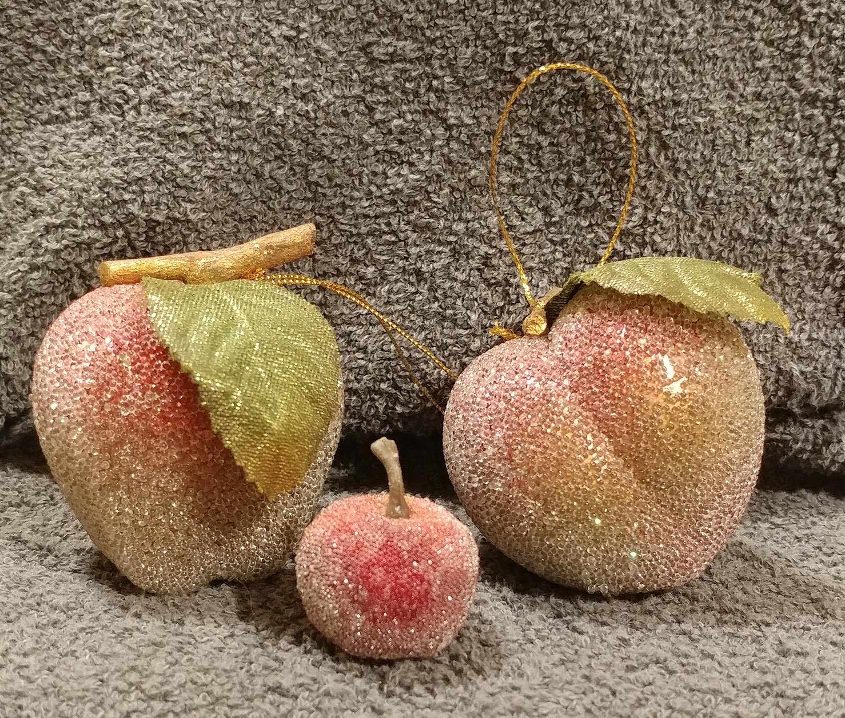 Set Of 3 Small Vintage Sugared Beaded Fruit Hanging Ornaments Apple Cherry Peach Unbranded Gently Previously Loved FREE Shipping