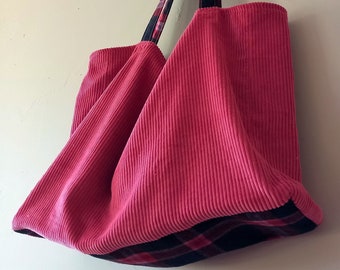 Sac cabas fait main en velours cotelé rose