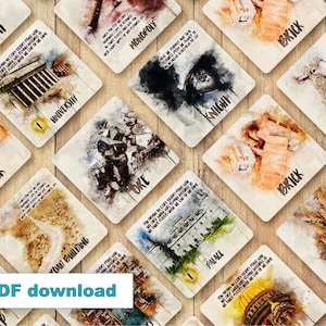 Schede di risorse e sviluppo quadrate in stile acquerello per il download PDF di Catan