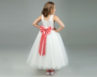 Off White Flower Girl Dress with Coral Beads and Coral Sash, Ankle Length Flower Girl Dress