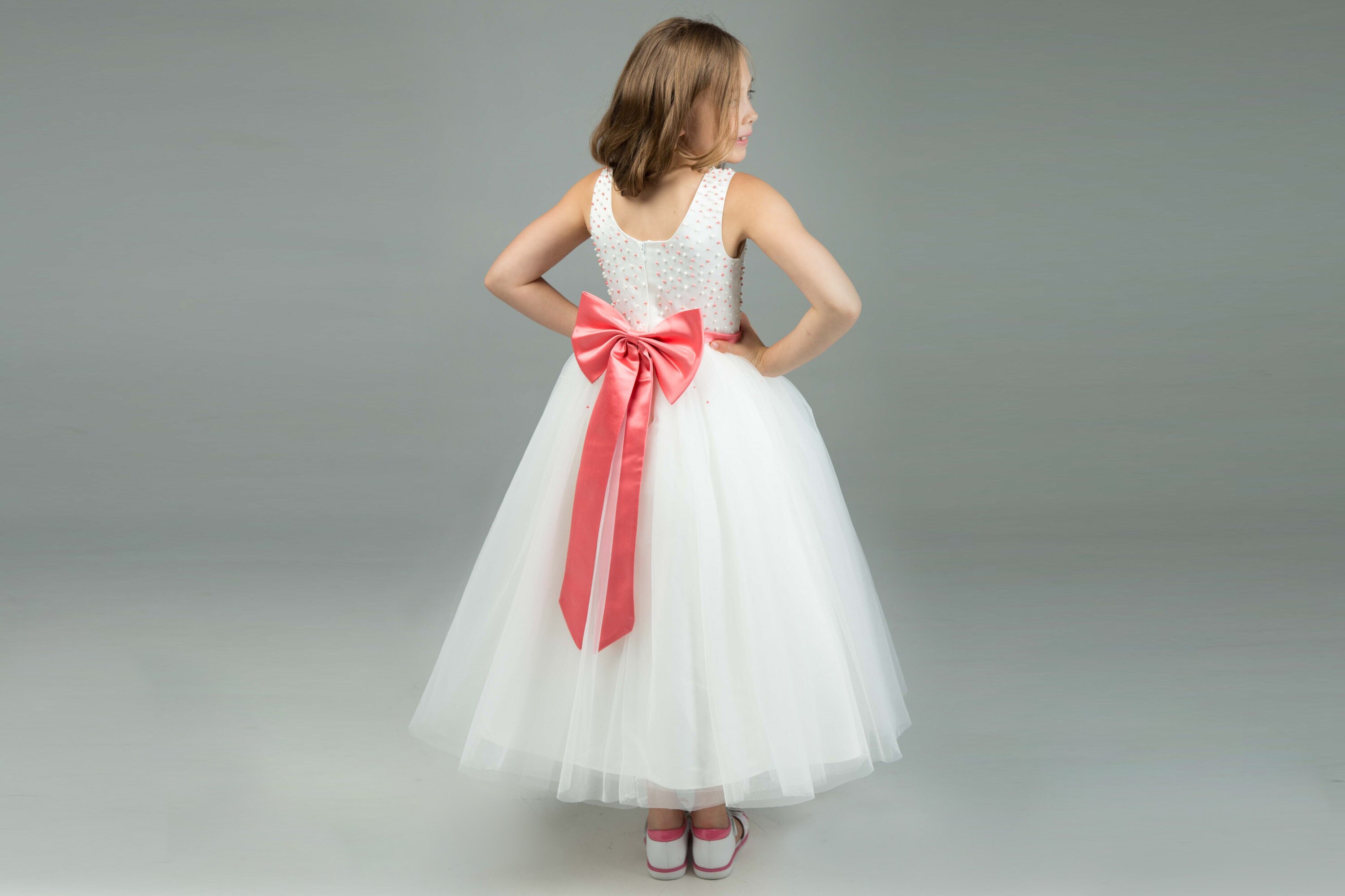 White flower girl dress with grey sash 2025