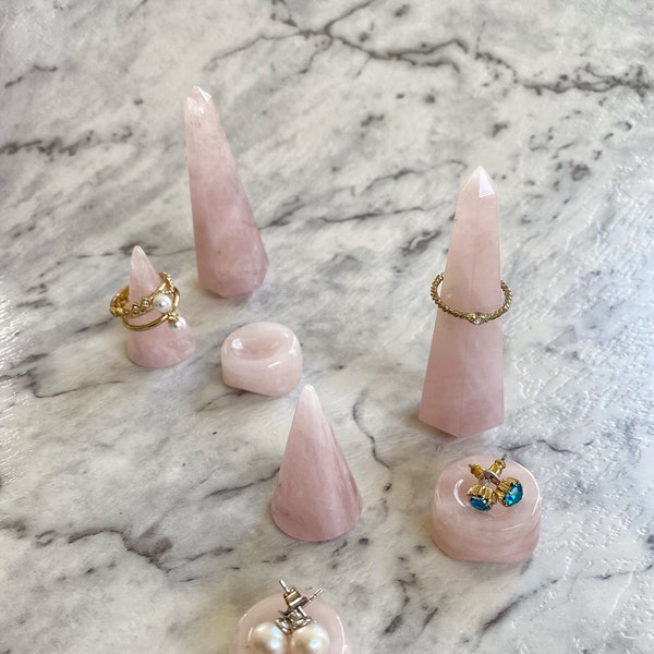 SET- Rose Quartz Crystal Ring Cone Holder & Rose Quartz sphere/earring/small Jewellery Holder