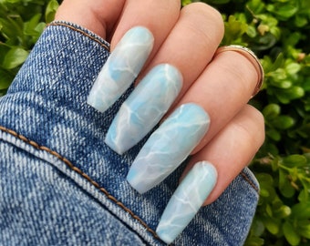 Handmade Press On Nails | Custom | Blue Marble | Ocean | For Summer