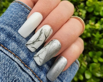 Handmade Press On Nails | Custom Shape | White Gray Marble