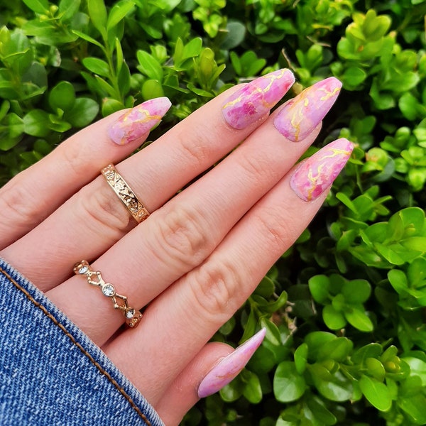 Handmade Press On Nails | Custom | Pink Gold Marble